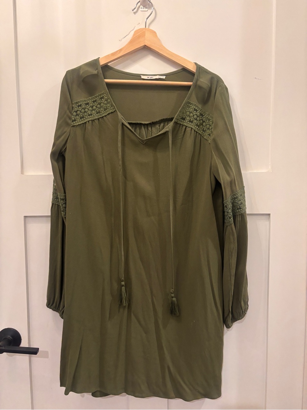 miami Olive Green Long Sleeve Peasant Dress with Crochet Panels